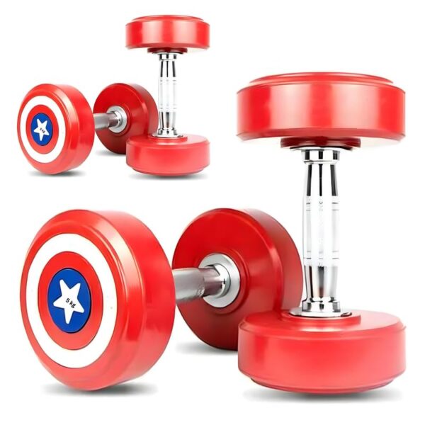 Gym Care Red Captain America Dumbbells Set for Home Gym 5 kg Cast Iron Handle 1 pair Dumbbells set fo Fitness Gym set Home Workout I Anti Skid Round Shape Rubber Dumbbell (5 kg x 2)-10 kg set