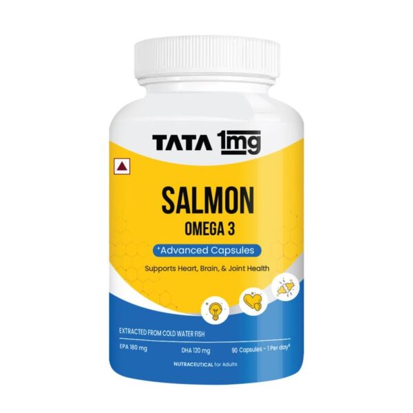 TATA 1mg Salmon Omega 3 Fish Oil Capsules 1000mg with Vitamin E|Advanced Fish Oil with 180mg EPA & 120mg DHA|High absorption for Heart,Brain