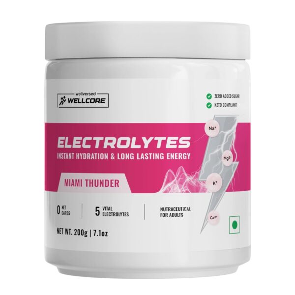 Wellcore - Electrolytes (Miami Thunder,200 G)| Electrolyte Drink With 5 Vital Electrolytes: Na,Mg,Ca,K,Po4|Sugar Free Electrolyte Powder|Fat Fuel Powered...