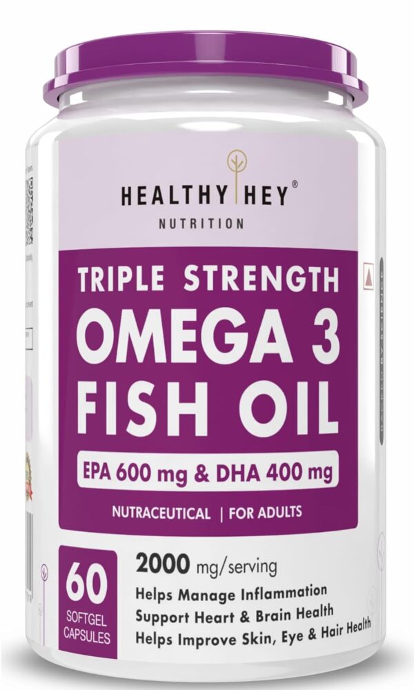 HealthyHey Nutrition Fish Oil Omega 3 60 Softgel For Women and Men | Triple Strength Fish Oil | Burpless, EPA 600 - DHA 400 Supplement