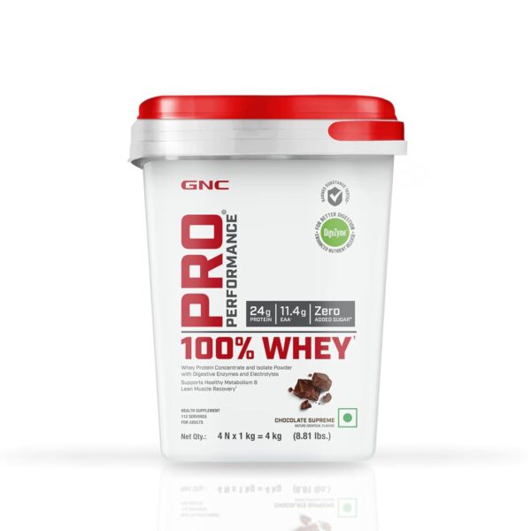 GNC Pro Performance 100% Whey Protein Powder | 8.8 Lbs : 4 KG (1 KG X 4 Pouches) + Bucket | 24g Protein Chocolate Supreme | 5.5g BCAA | Boosts Strength &...