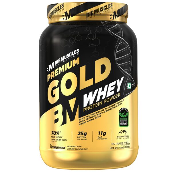 Bigmuscles Nutrition Premium Gold Whey [1Kg] | Informed Choice UK Certified | Isolate Whey Protein Blend | 25g Protein | 11g EAA | ProHydrolase Enzyme...