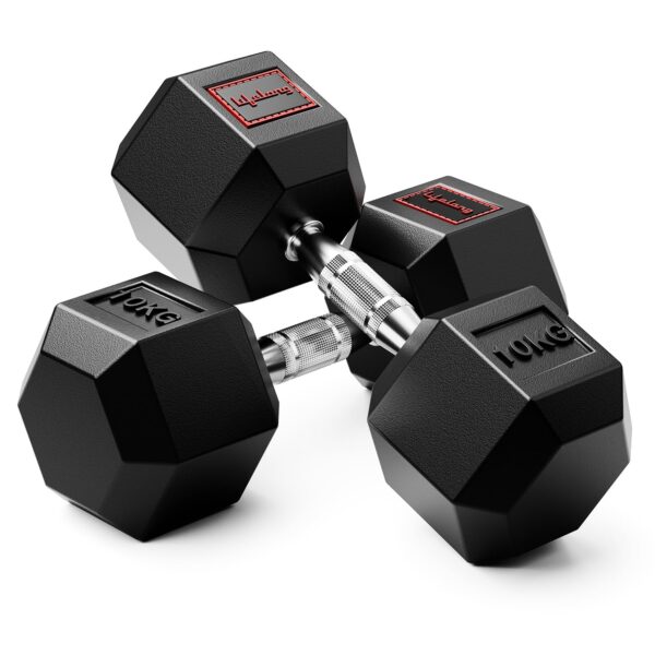Lifelong Rubber Coated Hexa Dumbbell Set of 2 (10Kg x 2) for Home Gym – Weights for Men & Women – Exercise Equipment (Black)
