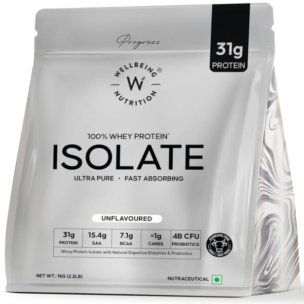 Wellbeing Nutrition Whey Protein Isolate 1kg Unflavoured | 31g Protein, 7.1g BCAA | 4B CFU Probiotics & Natural Digestive Enzymes | Fast Absorbing, No..
