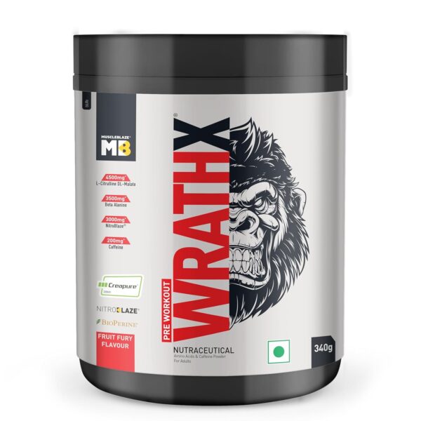 MuscleBlaze Pre Workout Wrathx With Creapure,Nitroblaze & Bioperine (Fruit Fury,340 G,20 Servings),Powder,1 Count
