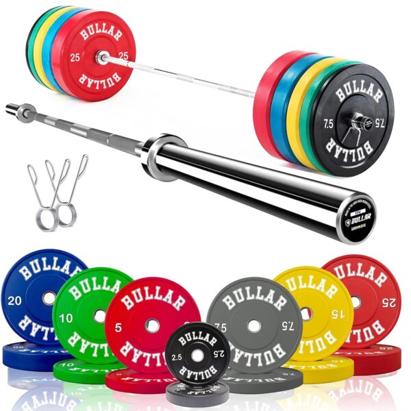 BULLAR Bumper Plates with Olympic Barbell (90 KG Set(15x4+10x2+5x2))