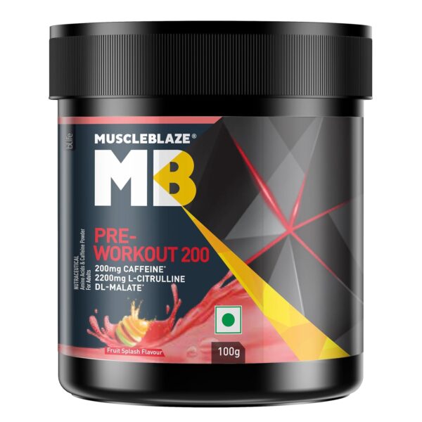 MuscleBlaze Pre Workout 200 (Fruit Splash, 16 servings, 100g) | 200mg Caffeine, 2200mg Citrulline